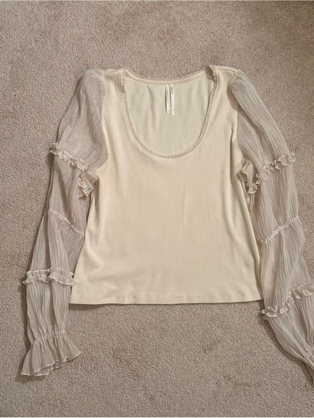Anthropologie Cream Sheer-Puff Long-Sleeve Scoop Top